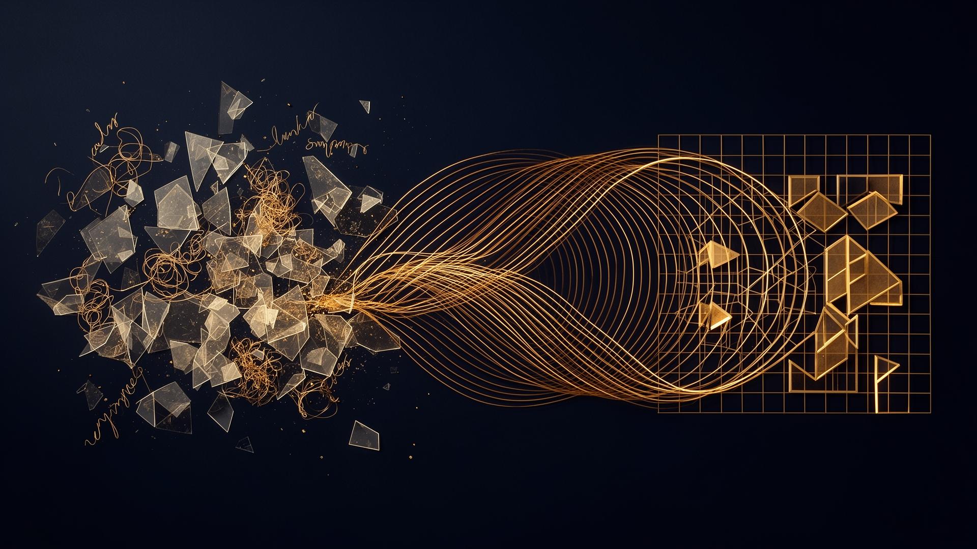 Abstract illustration of fragmented research code resolving into an ordered lattice of production systems.