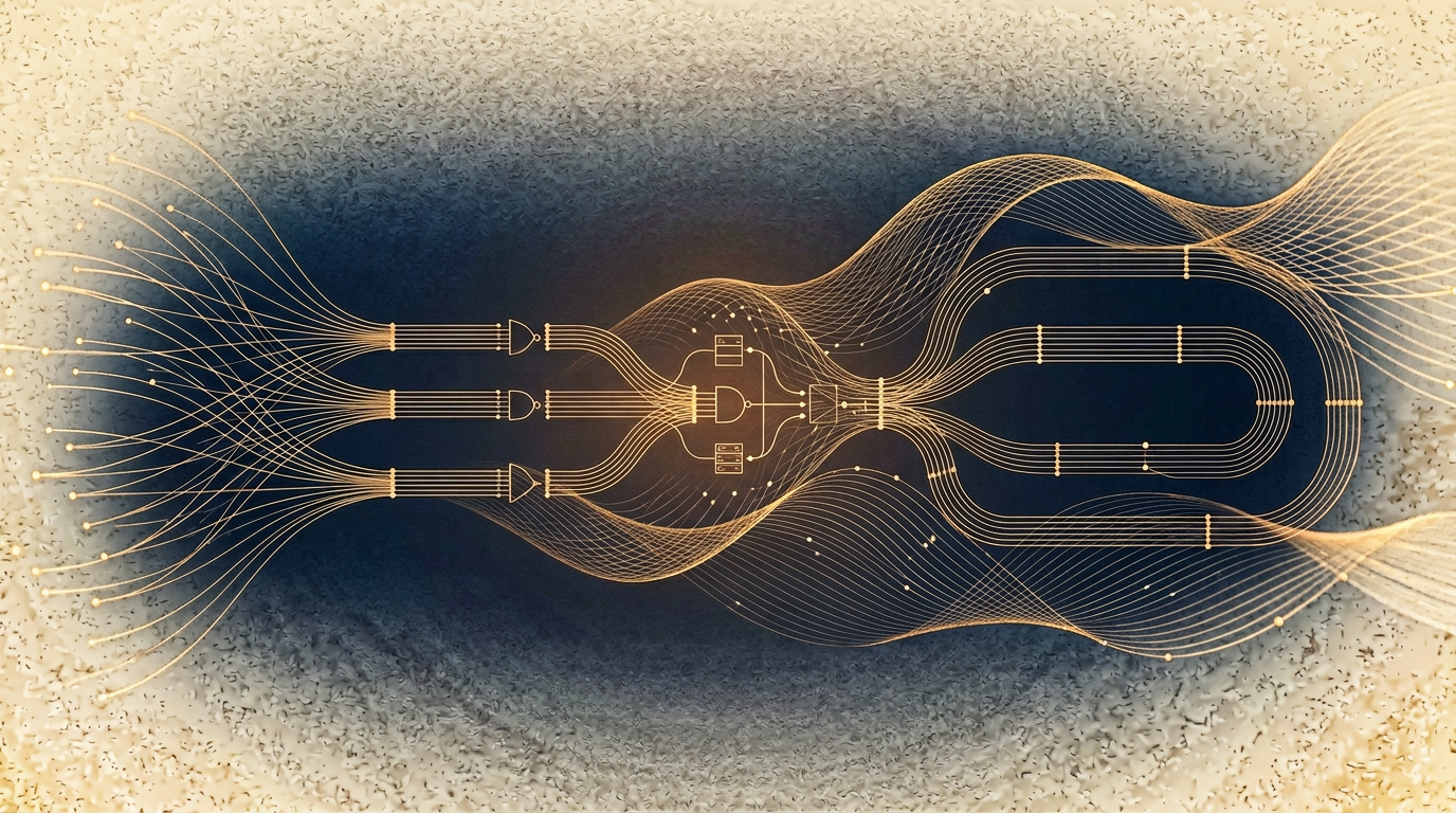 Abstract illustration of interlocking gears and pipeline conduits in navy, walnut, and brass.