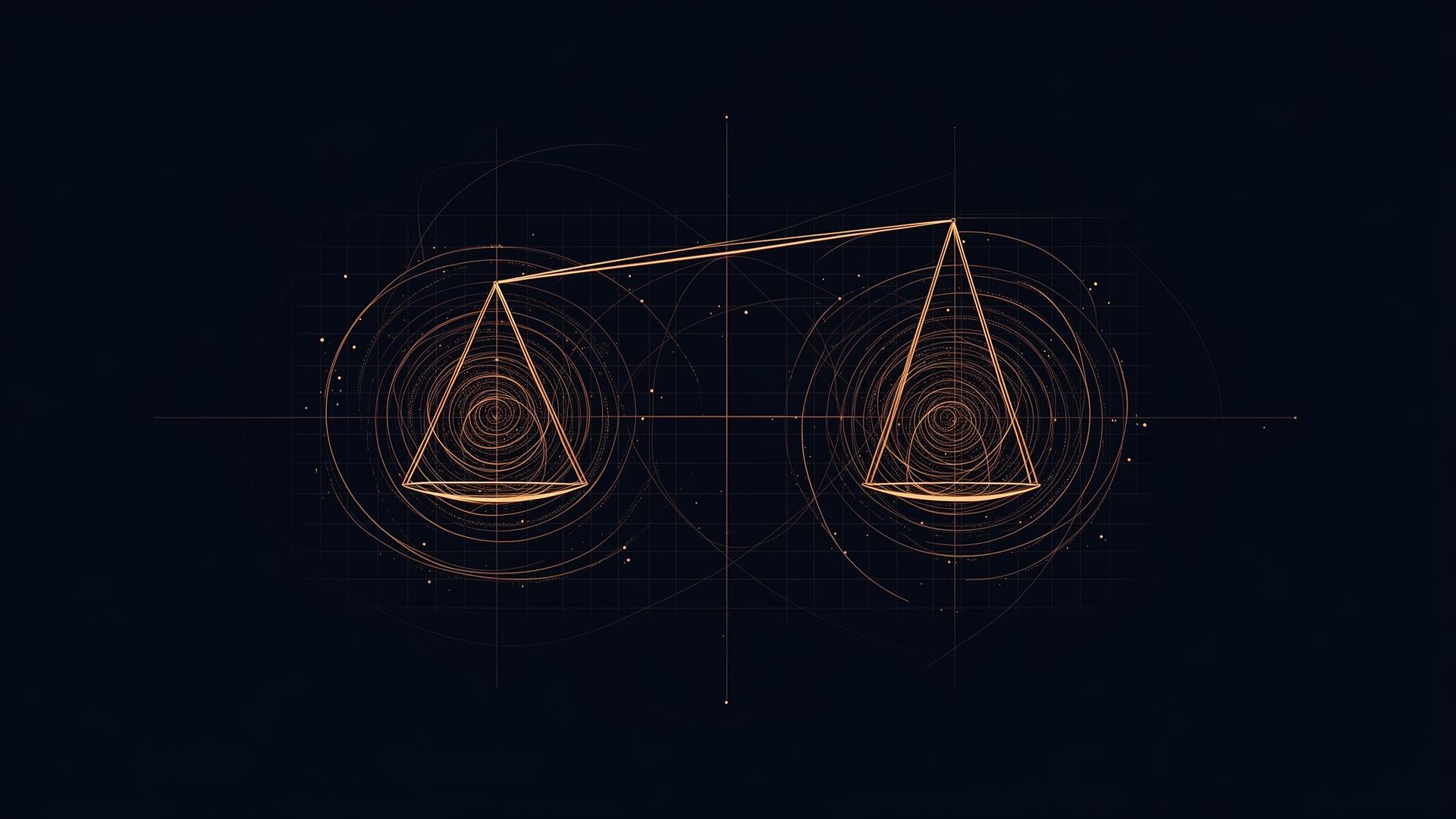 Abstract illustration of a brass balance scale on a walnut plinth against a deep navy backdrop.