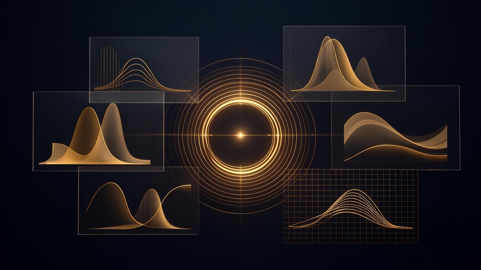 Abstract observatory motif with floating glass panels showing distribution curves and concentric brass arcs, in walnut and gold tones.